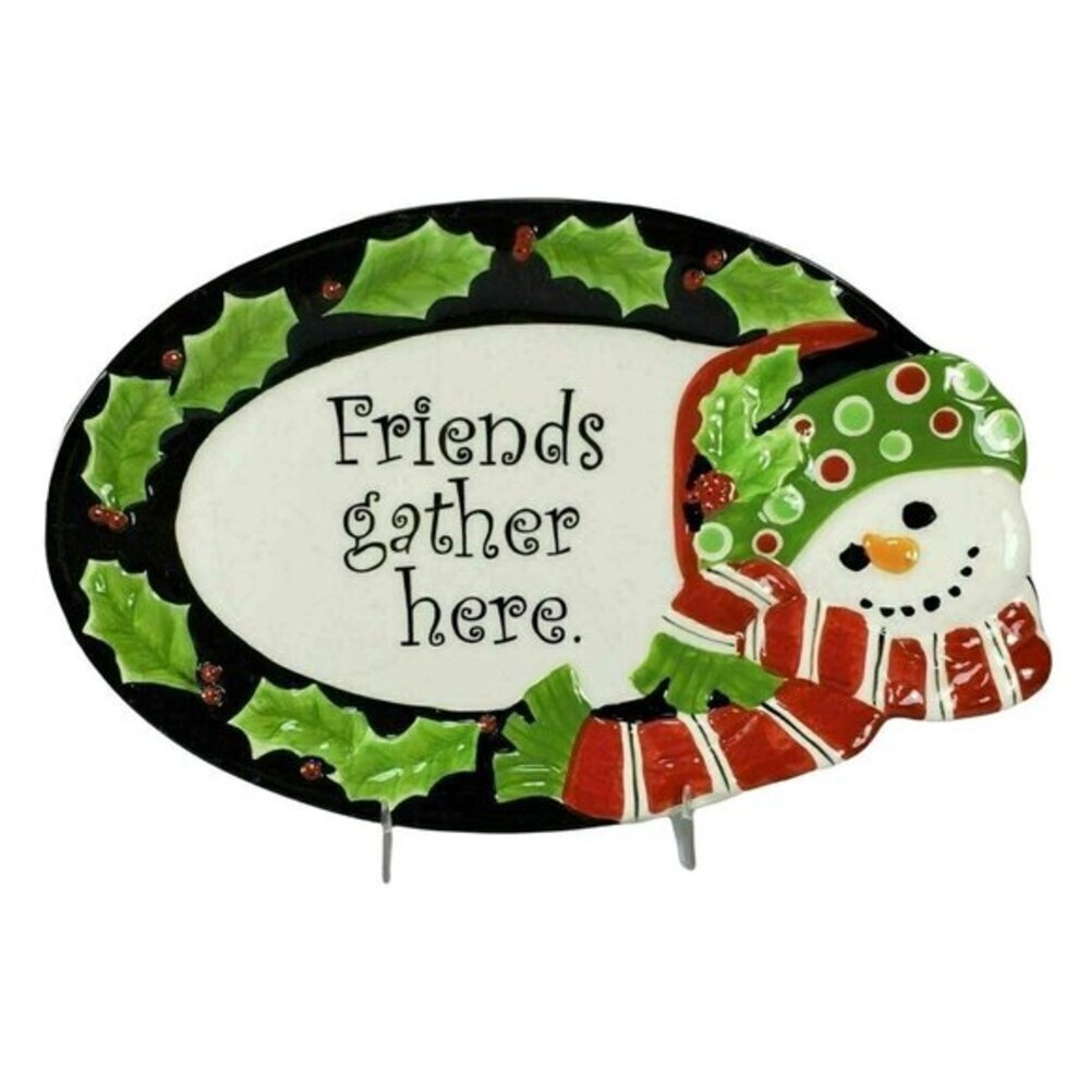 Fitz and Floyd Friends Gather Here Sentiment Plate Platter Snowman Embossed READ